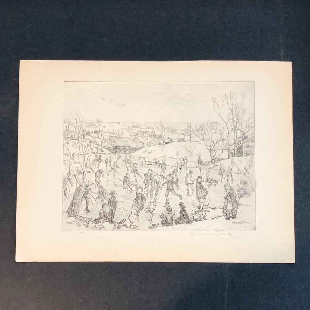 Lauren Ford "Milton Pond, Thanksgiving Day" 1930s Art Print Sketch Vintage